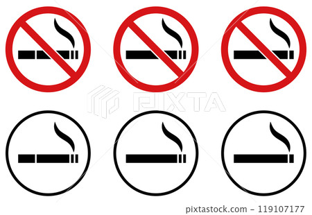 Set of vector illustrations of various shapes of cigarettes, no smoking and smoking areas 119107177