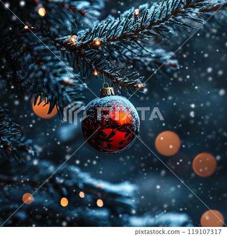 decorated Christmas tree ornament glistening in the snow during the festive season 119107317