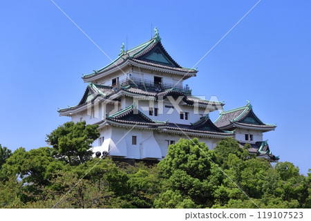 The main and small castle towers of Wakayama Castle in Kishu The main and small castle towers of Wakayama Castle in Kishu 119107523
