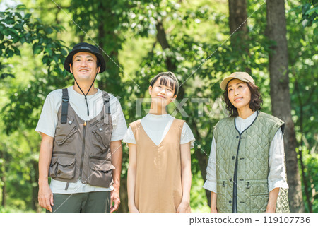 Parents and children, families in outdoor fashion walking through a park or forest with fresh greenery 119107736