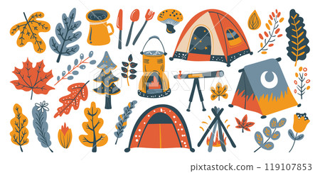 Set of isolated cute Fall elements in doodle hand drawn style on a transparent background. Vol.4 : Camping series in vivid orange, blue and yellow colors. 119107853