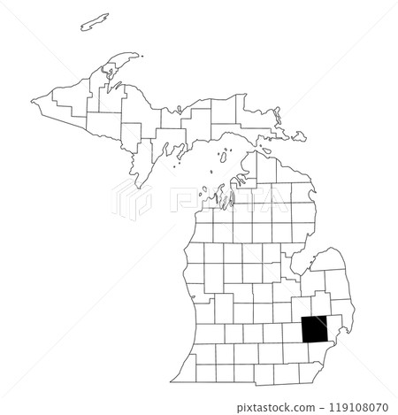 Map of Oakland County in Michigan state on white background. single County map highlighted by black colour on Michigan map. UNITED STATES, US 119108070