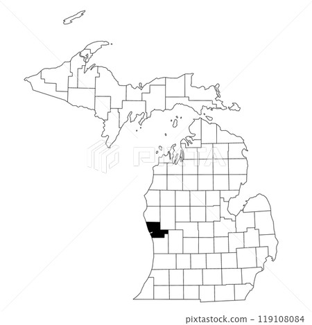 Map of Muskegon County in Michigan state on white background. single County map highlighted by black colour on Michigan map. UNITED STATES, US 119108084