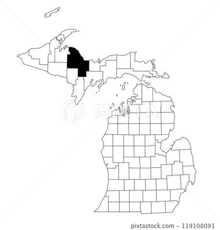 Map of marquette County in Michigan state on white background. single County map highlighted by black colour on Michigan map. UNITED STATES, US Map of marquette County in Michigan state on white background. single County map highlighted by black colour on Michigan map. UNITED STATES, US 119108091