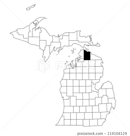 Map of cheboygan County in Michigan state on white background. single County map highlighted by black colour on Michigan map. UNITED STATES, US 119108129