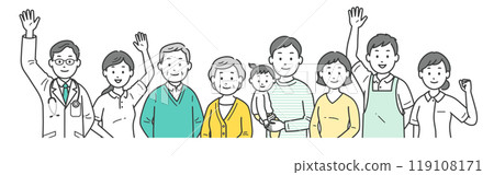 一對老年夫婦、家人、醫生、護士、護理人員和護理經理一起揮手的上半身插圖 119108171