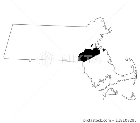 Map of Norfolk County in Massachusetts state on white background. single County map highlighted by black colour on Massachusetts map. UNITED STATES, US 119108293