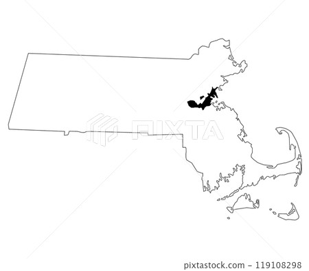 Map of Suffolk County in Massachusetts state on white background. single County map highlighted by black colour on Massachusetts map. UNITED STATES, US 119108298