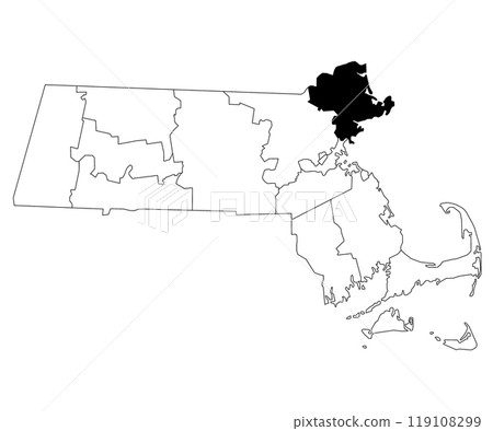 Map of Essex County in Massachusetts state on white background. single County map highlighted by black colour on Massachusetts map. UNITED STATES, US 119108299
