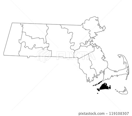 Map of Dukes County in Massachusetts state on white background. single County map highlighted by black colour on Massachusetts map. UNITED STATES, US 119108307