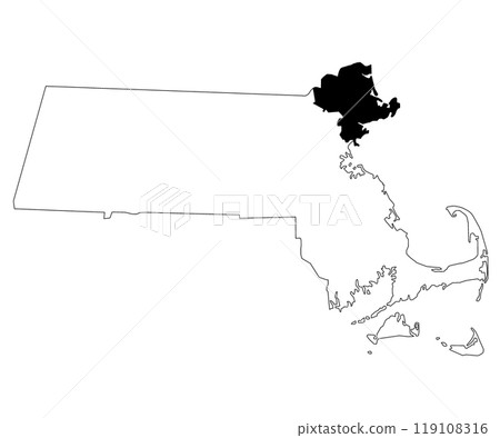 Map of Essex County in Massachusetts state on white background. single County map highlighted by black colour on Massachusetts map. UNITED STATES, US 119108316