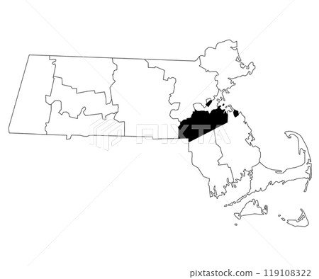 Map of Norfolk County in Massachusetts state on white background. single County map highlighted by black colour on Massachusetts map. UNITED STATES, US 119108322