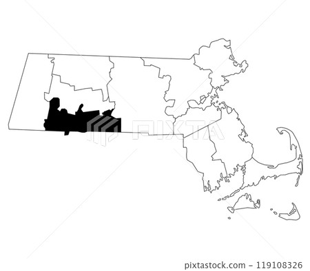 Map of Hampden County in Massachusetts state on white background. single County map highlighted by black colour on Massachusetts map. UNITED STATES, US 119108326