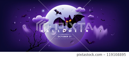 Happy Halloween, bat flying and ghost on full moon banner design purple background 119108895