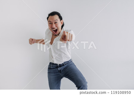 Winner face long hair man bun in white shirt and jean stand on white. 119108950