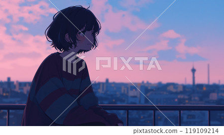 黃昏時分,一名女子在屋頂上眺望這座城市 黃昏時分,一名女子在屋頂上眺望這座城市 119109214