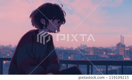 黃昏時分，一名女子在屋頂上眺望這座城市 119109215