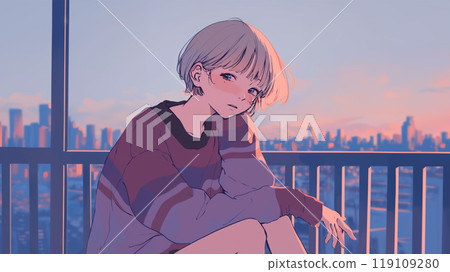 一個孩子氣的女人從屋頂看黃昏的城市 一個孩子氣的女人從屋頂看黃昏的城市 119109280