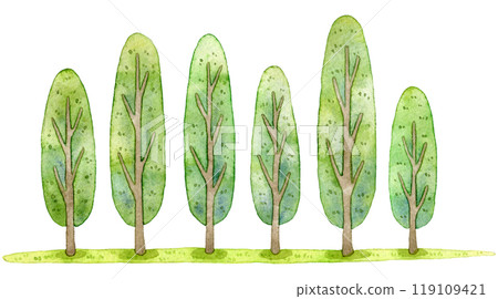 Bright green tree line watercolor illustration 119109421