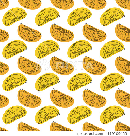Outline citrus slices Lemon and orange with abstarct spots in trendy soft shades Seamless pattern Outline citrus slices Lemon and orange with abstarct spots in trendy soft shades Seamless pattern 119109433