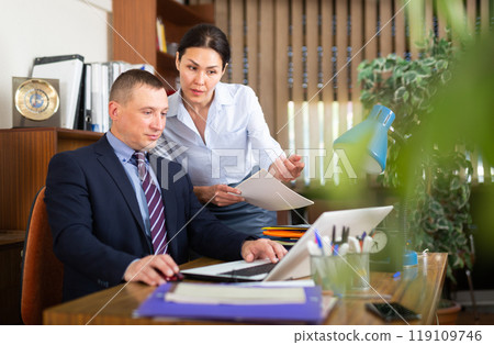 Businessman with female colleague working with laptop and papers 119109746