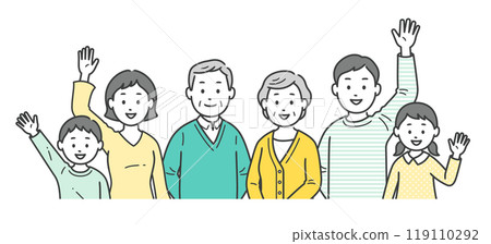 Upper body illustration of a three-generation family gathering and waving 119110292