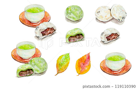 Watercolor illustration of Daifuku and tea Watercolor illustration of Daifuku and tea 119110390