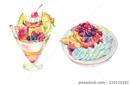 水彩畫的布丁凍糕和漿果煎餅的插圖 水彩畫的布丁凍糕和漿果煎餅的插圖 119110392