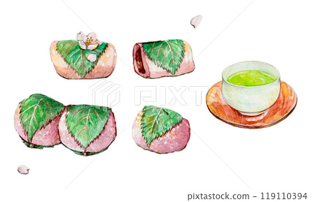 水彩畫的櫻花年糕插畫 水彩畫的櫻花年糕插畫 119110394