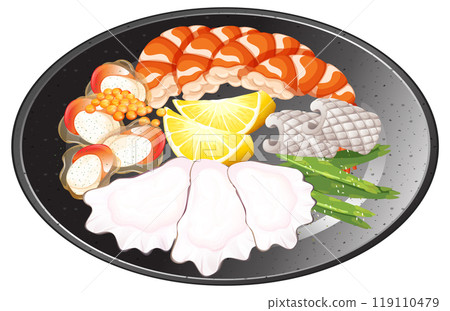 Delicious Seafood Platter with Lemon Slices 119110479