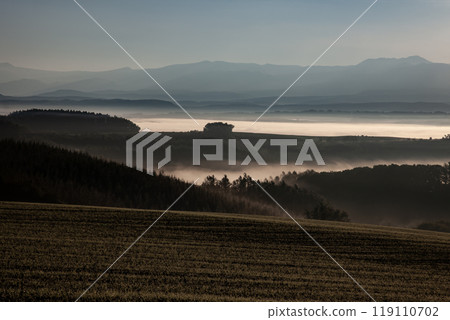 Beautiful morning mist on the hills and land Beautiful morning mist on the hills and land 119110702