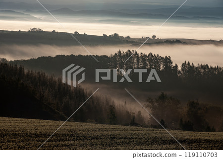 美麗的晨霧山丘與土地 119110703