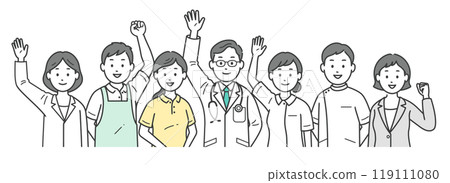 An upper body illustration of a group of doctors, nurses, caregivers, care managers, and nutritionists who support local social welfare 119111080
