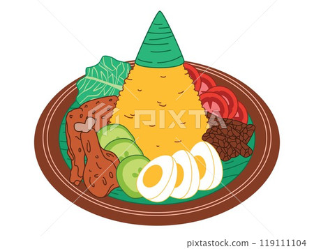 Nasi kuinng tumpeng tumpengan cultural Javanese Kalimantan traditional food Indonesia rice turmeric cuisine dish egg chicken vegetable ingredients design icon set colorful 119111104