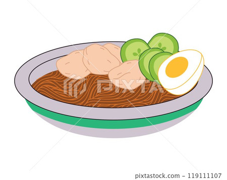 Mie Aceh Indonesia traditional food fried noodle spices vegetable prawn shrimp meat ingredient cuisine culinary tasty food spicy flavorful deign icon set colorful 119111107