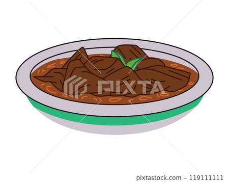 Rendang famous Padang Indonesia traditional cuisine beef meat ingredient spice Minangkabau food West Sumatra design icon set colorful 119111111