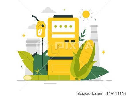 Biofuel Life Cycle of Natural Materials and Plants with Green Barrels and Biogas Production Energy in a Flat Cartoon Background Vector Illustration 119111134