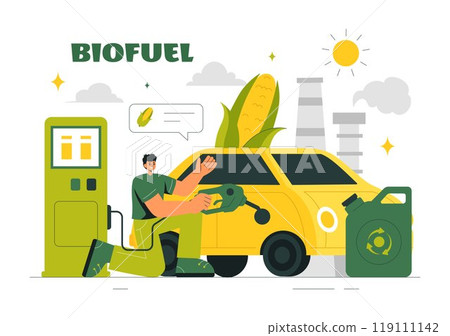 Biofuel Life Cycle of Natural Materials and Plants with Green Barrels and Biogas Production Energy in a Flat Cartoon Background Vector Illustration 119111142
