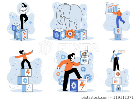 Resilience. Individuals and an elephant stand on and around blocks with symbols representing innovation, growth, and problem-solving. Ideal for themes of resilience, innovation, problem-solving 119111371