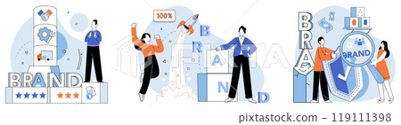 Brand building vector illustration. Brand-name, label, signifies quality and reputation inherent in brand building Branding marketing, catalyst, propels brand building forward through strategic 119111398