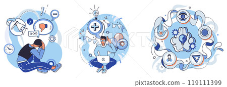 Cognition. Three adjacent visual scenes capture a man wrestling with anxiety, discovering positive mental health strategies, and ultimately achieving mental clarity. Ideal for mental health 119111399