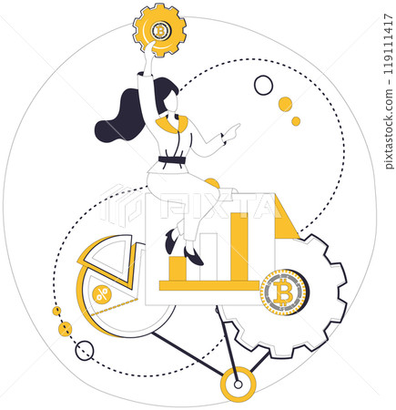 Cryptocurrency concept. A modern vector of a woman interacting with cryptocurrency symbols and charts. Ideal for financial market analysis, blockchain technology, digital investments, fintech trends 119111417