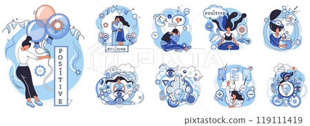 Cognition. A woman interacts with encouraging symbols such as balloons, gears, and positive affirmations in various activities. Ideal for self-improvement, mental health awareness, personal 119111419