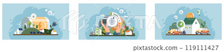 Environmental care concept. Three scenes of sustainable living visuals encompassing eco-friendly homes, renewable energy use, and green transportation. Ideal for sustainable living, renewable energy 119111427