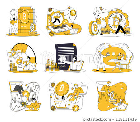 Cryptocurrency concept. Nine scenes feature people engaging in various cryptocurrency-related activities. Ideal for blockchain technology, digital finance, cryptocurrency trading, bitcoin mining 119111439