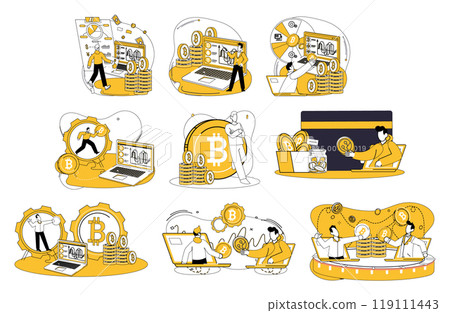 Cryptocurrency concept. Depicts various digital currency and blockchain scenarios. Ideal for financial services, fintech startups, decentralized finance, blockchain technology, online transactions 119111443