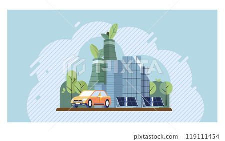 Environmental care concept. A cityscape with solar panels, green buildings, trees, and an electric car promoting eco-friendly urban living. Ideal for renewable energy, eco-friendly transportation 119111454