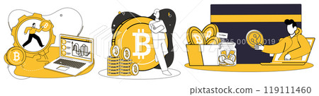 Cryptocurrency concept. Bitcoin symbol, coins stacks, laptop with charts, coin jar, and credit card. Ideal for digital currency trading, investment strategies, blockchain technology, cryptocurrency 119111460