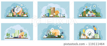Environmental care concept. Six colorful scenes focusing on sustainable practices and eco-friendly initiatives in various settings. Ideal for ecological awareness, renewable energy, urban planning Environmental care concept. Six colorful scenes focusing on sustainable practices and eco-friendly initiatives in various settings. Ideal for ecological awareness, renewable energy, urban planning 119111464