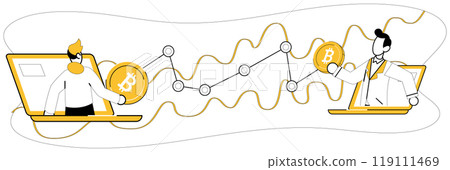 Cryptocurrency concept. Two users on laptops exchange Bitcoin while a line graph illustrates its growth. Ideal for blockchain technology, online transactions, digital wallets, peer-to-peer exchange 119111469
